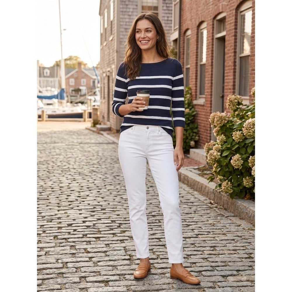 Striped Boat Neck LOFT Navy White Cotton Knit Top Size S Small